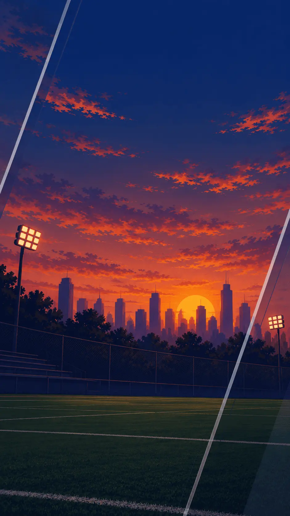 An outdoor sports field and city skyline at sunset
